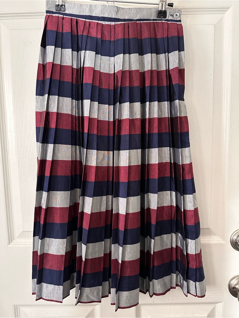Pleated Striped Midi Skirt in Navy, Burgundy & Silver